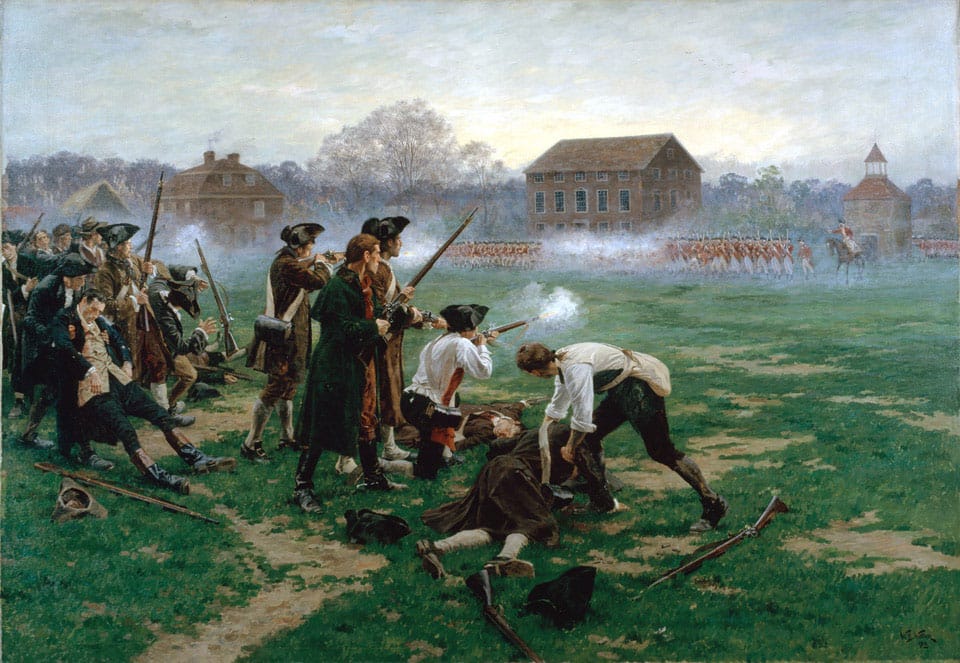 The Battle of Lexington, American colonists under fire against a British column